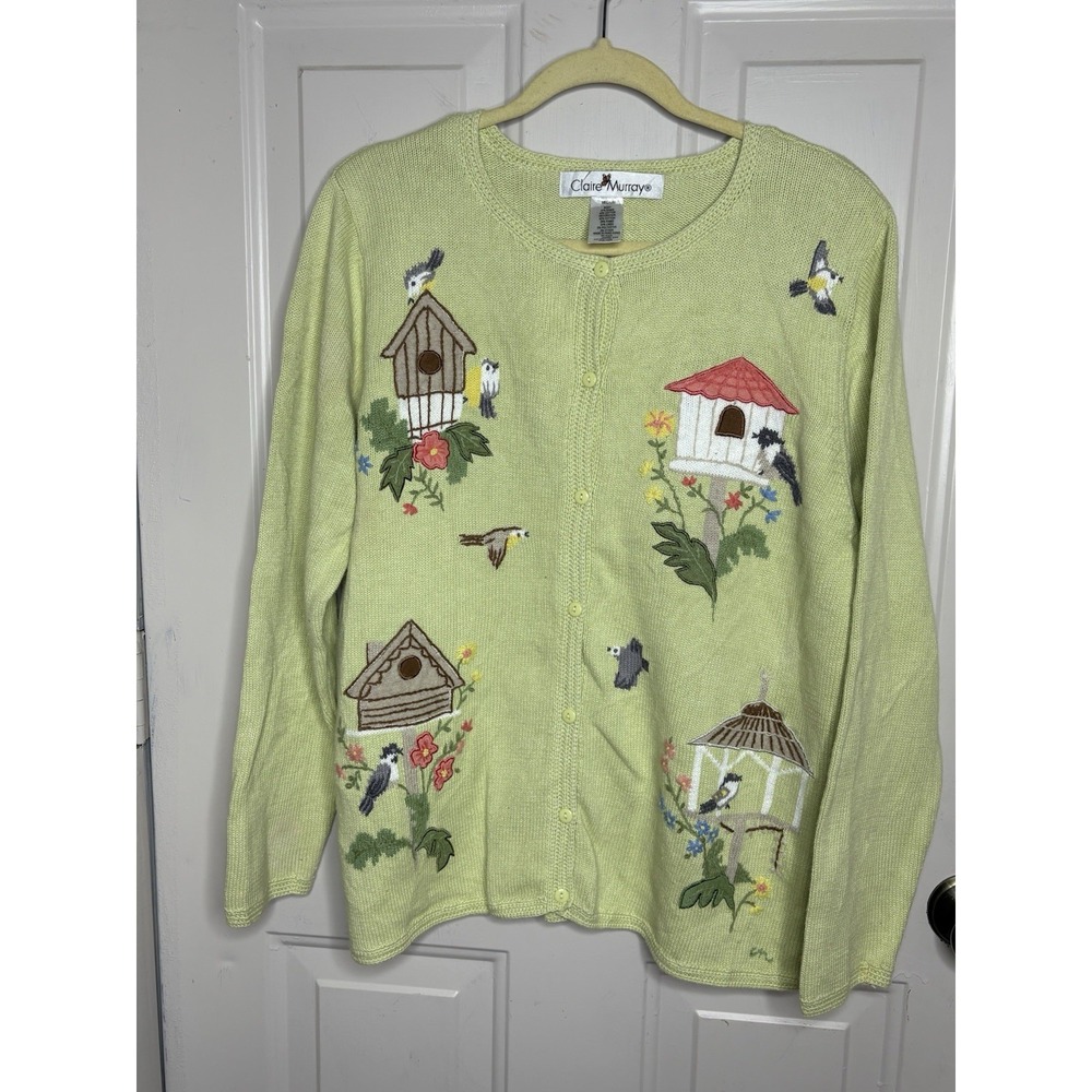 Vtg Women's M Light Green Cardigan  Birds Flowers Spring Floral Fairy Boho